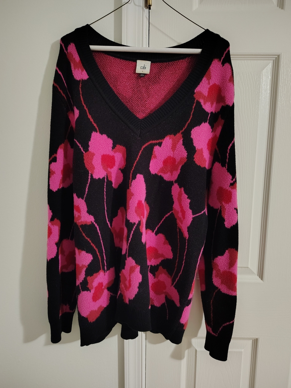 CAbi Black V-Neck Sweater with Bright Pink Floral Print